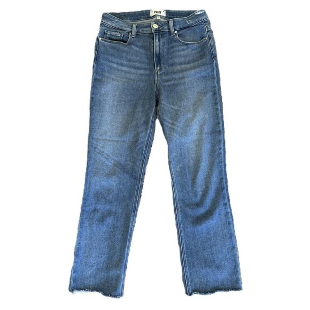 PAIGE Cindy Straight Leg Raw Edge Hem Cropped Stretch Jeans Medium Wash Size 28
